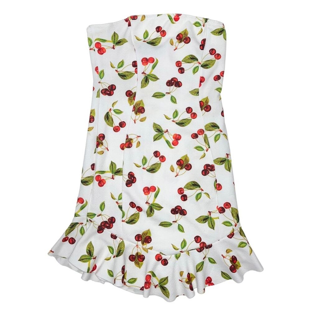 PrettyLittleThing White Cherry Print Bandeau Frill Bodycon Dress